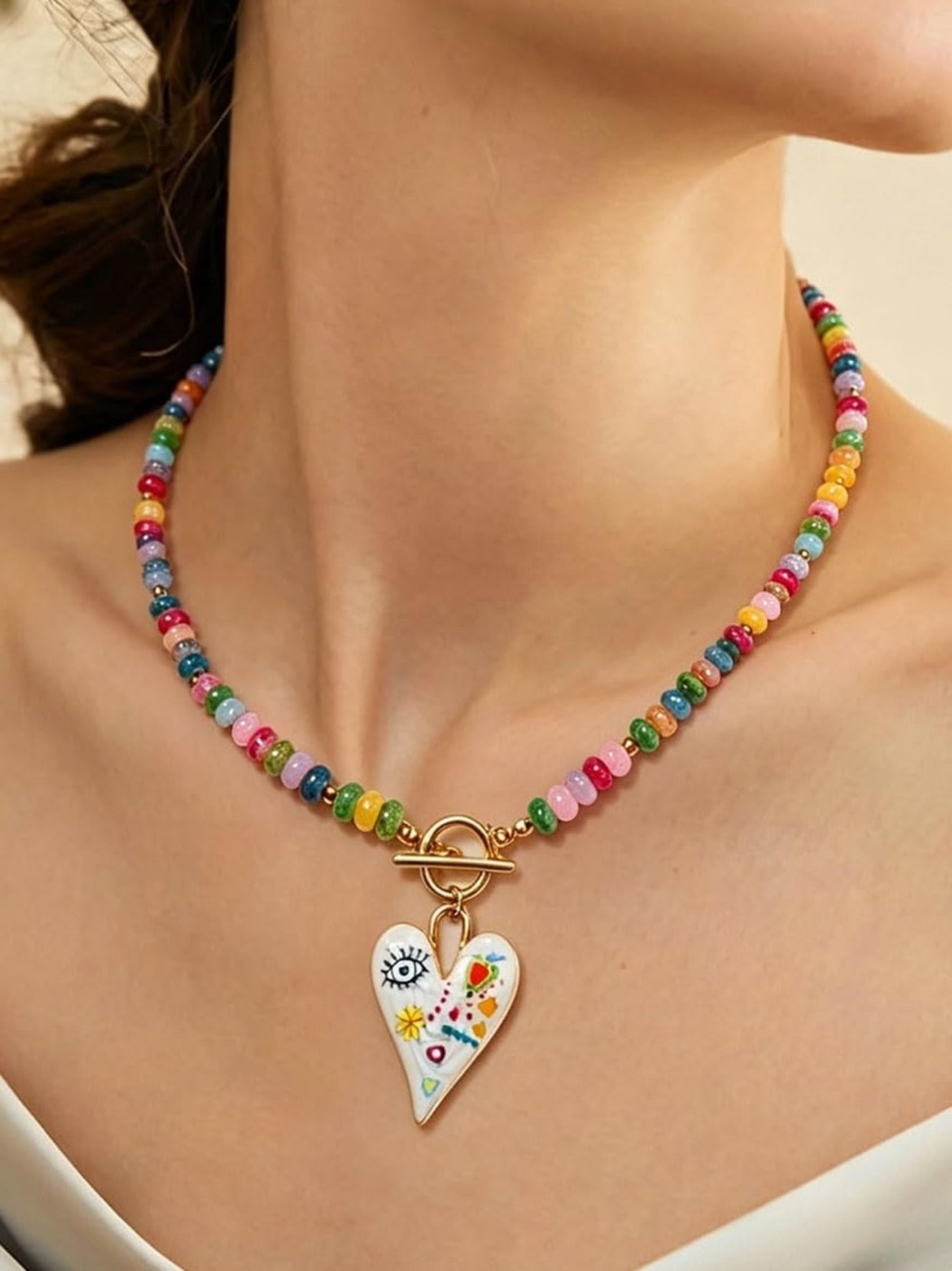 Anthropologie Multicolor Beaded Necklace with Painted Heart Charm